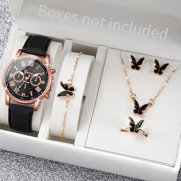 5/6 st Fashion Kvinnors Kvartsur Klocka Läderband Analoga Armbandsur Hjärta Rhinestone Smyckesset (Utan Ask) H Without Box