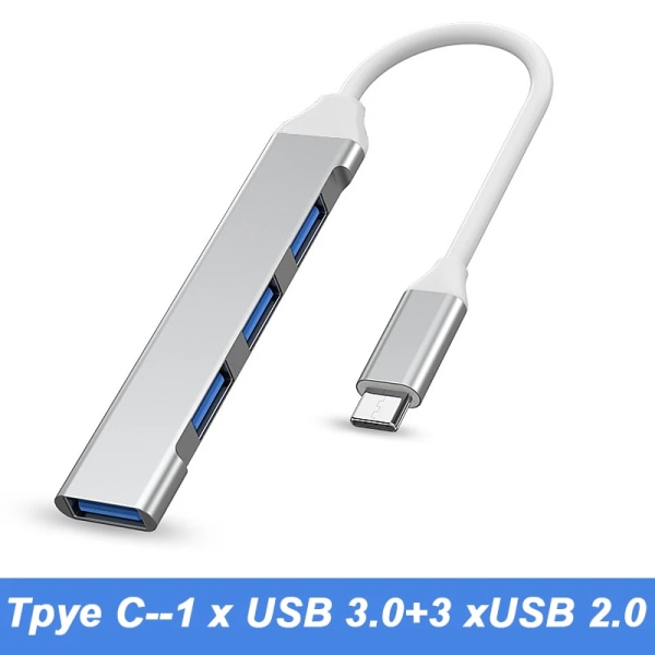 Airies 4 portar USB 3.0 Typ C S6, adapter för flera partier OTG Type C HUB för Xiaomi Huawei Macbook Pro USB 2.0 Silver-Type C