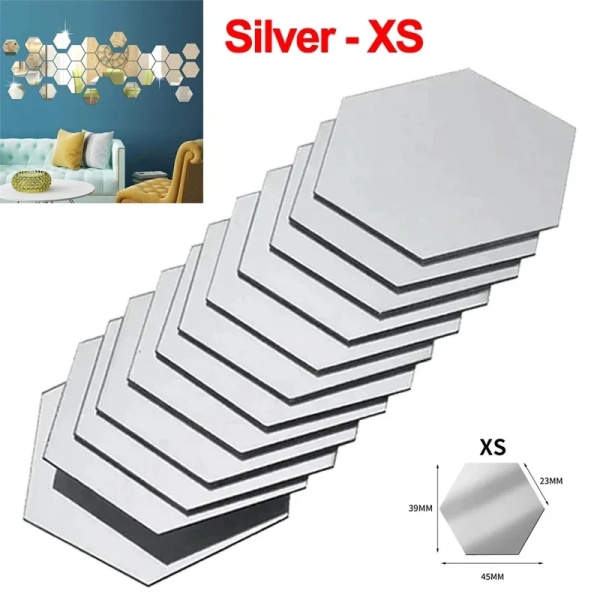 6-48 ST Hexagon akrylspegel väggdekal Heminredning DIY Avtagbar sexkantig dekorativ spegeldekal konstprydnader för hemmet XS-Silver-23x39x45mm 48Pcs