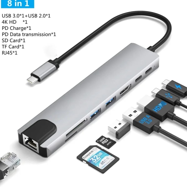 Airies USB C för Macbook, adapter 8 och 1, PC, ladda PD, 8 portar, station S6, RJ45, carte TF/SD kompatibel HDMI, répartiteur de type C Macbook 8 In 1 CHINA