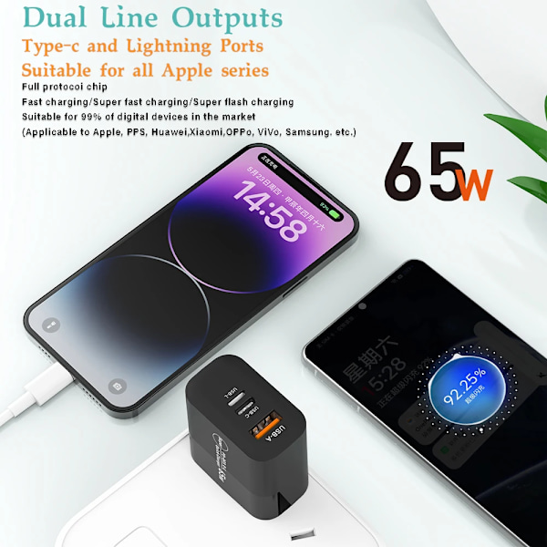 PD 65W Högpresterande USB-laddare Super snabb omvandlingsbar laddare Adapter för iPhone 15 14 13 12 Pro Huawei Xiaomi Samsung Pixel oppo EU black
