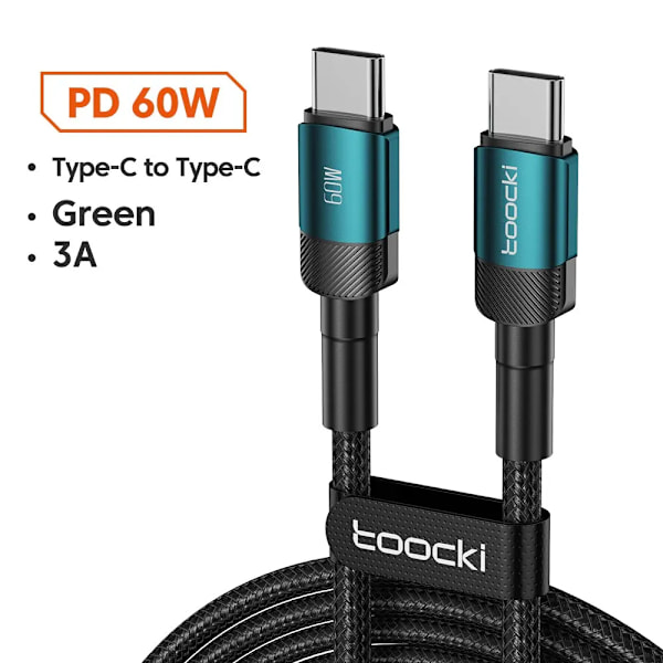 Toocki USB Typ C Kabel Snabbladdning USB C Laddningskabel För iPhone 15 14 13 12 11 Huawei P40 P30 Realme Oppo Oneplus 1m 2m 60W C to C Green 1m
