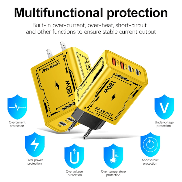 120W Snabbladdning 4 Portar USB C Väggladdare QC3.0 PD Ström för iPhone 16 15 för Huawei för Samsung för Xiaomi EU Yellow