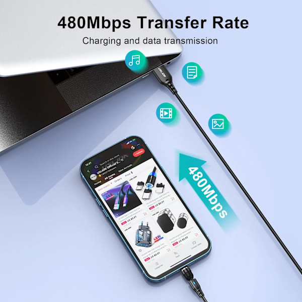 USLION 7A Magnetisk USB Snabbladdningskabel Typ C Mirco Telefon Datakabel För iPhone 16 15 Pro Max Xiaomi 14 POCO F6 Oneplus 13 Blue 3in1 2m