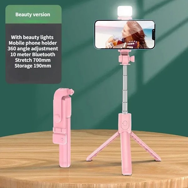 Selfie Stick Trådlöst Stativ med Lampa Bluetooth Fjärrkontroll Utdragbart Stativ för iPhone Mobiltelefon Tiktok Livestreaming Pink With Lights