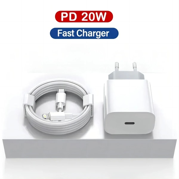 PD 20W Snabbladdare EU-kontakt med 1M/3FT Kabel för iPhone iPad Samsung Telefon EU with C to L cable