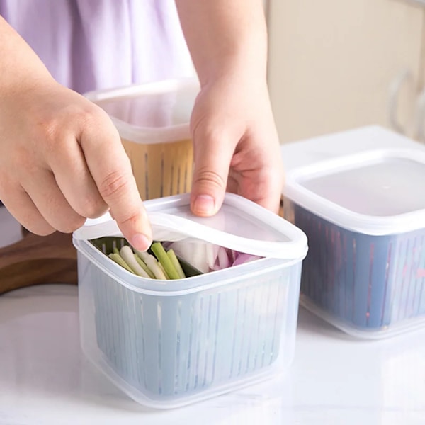 Kylskåp Förvaring Box 2 Rutnät Mat Frukt Lagringslåda Bärbar Kompartment Kylskåp Organisator Avlopp Korg Kött Lök Crispert NY