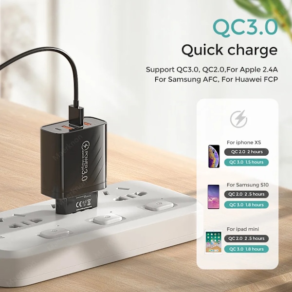 48W USB-laddare 4 Portar ny Snabbladdning QC 3.0 För Samsung Xiaomi mi10 Huawei Laddare För Smartphones PD Snabbladdning White EU