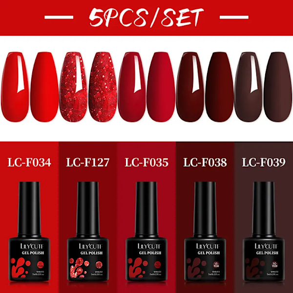 LILYCUTE 5 st/set 7ML Rödbrun Nagelgel DIY Nagelkonst Semi-Permanent UV Gel Polish Långvarig Design Manikyr Kit Tillbehör 241178