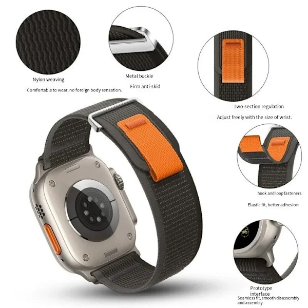 Trail Loop Strap För Apple Watch Ultra 2 49Mm Serie 9 8 7 45Mm 41Mm Sport Nylon Armband För Iwatch 6 5 4 3 Se 44Mm 40Mm 42Mm Grey orange black For Ultra 49mm