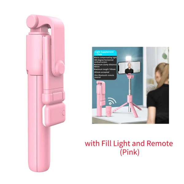 R1 Trådlös Bluetooth Selfie Stick Vikbar Portabel Tripod med Fyllnadsljus Fjärrkontroll för Android iPhone Smartphone Pink