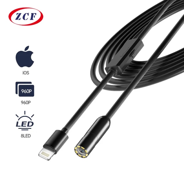 Industriellt endoskop HD960P Kabelansluten kamera Direktansluten med IPhone Ipad 8MM5.5.MM Rörinspektion Borescope IP68 Vattentät LED 8MM Rigid Cable 3.5m