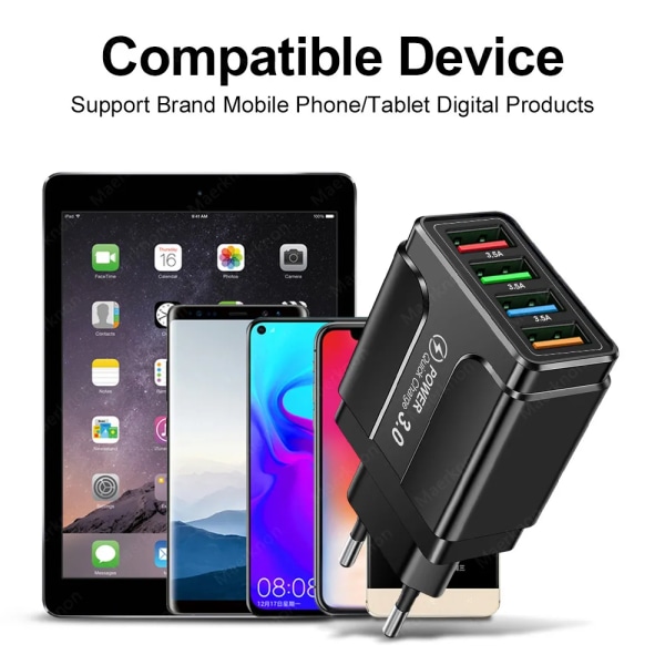 Laddare USB 48W à 4 portar, Charge Rapide 3.0 4.0, Universel, Väggmålning, för Téléphone Portable, iPhone 12 X, Xiaomi, Tablett Red EU
