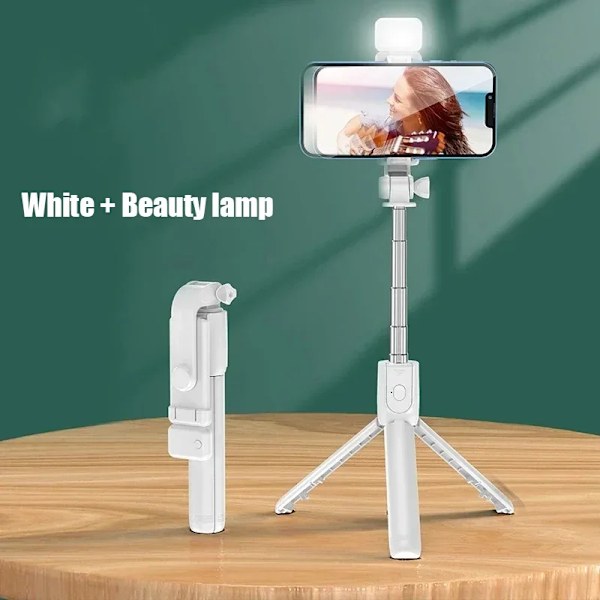 Bluetooth Selfie Stick Trådlöst 360º Roterande Tripodstativ Fjärrkontroll Fyllnadsljus Multifunktionellt Utdragbart Stativ White x Beauty lamp