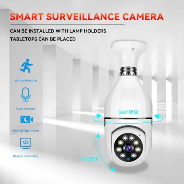 Glödlampa Övervakningskamera Night Vision Fullfärg Automatisk Människospårning Zoom Indoor Security Monitor Wifi-kamera White Camera 64G