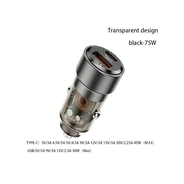 Transparent Design Billaddare, Aluminiumlegeringskropp Med Typ C Och Usb-A Portar, Qc3.0 Snabbladdande Bil Cigarett Tändare Black