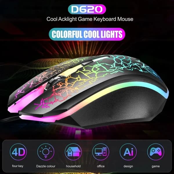 D620 Ergonomisk trådad spelmus USB datormusbelysning Mause Gamer Mouse 4-knapps LED tysta möss för PC Laptop Black