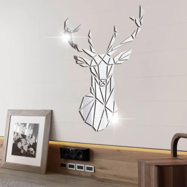 Flera storlekar 3D Deer Head Stickers Spegel Ytdekaler DIY självhäftande väggkonst Spegeldekaler Heminredning Väggmålning Present gold M (57x35CM)