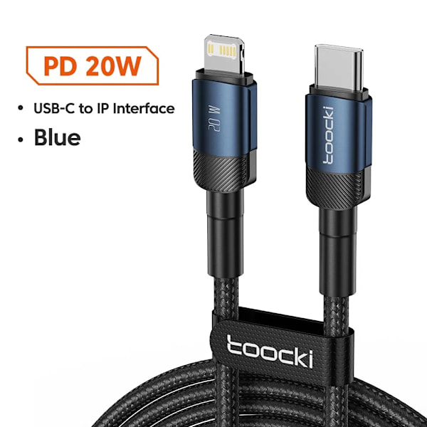 Toocki USB Typ C Kabel Snabbladdning USB C Laddningskabel För iPhone 15 14 13 12 11 Huawei P40 P30 Realme Oppo Oneplus 1m 2m C to L Blue 1m