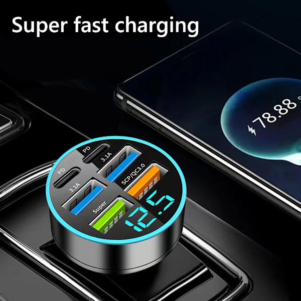 USB-C Typ C Bil Laddare 6 Portar USB Super Snabb Laddning Telefon Laddning Spänningsdetektering Digital Display Mobiltelefon Laddare black Universal