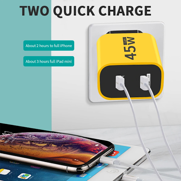 Dubbel PD GaN Laddare 45W USB C Mobiltelefon Typ C Snabbladdande Väggladdare för Iphone 15 pro max Samsung Galaxy S23 Yellow EU