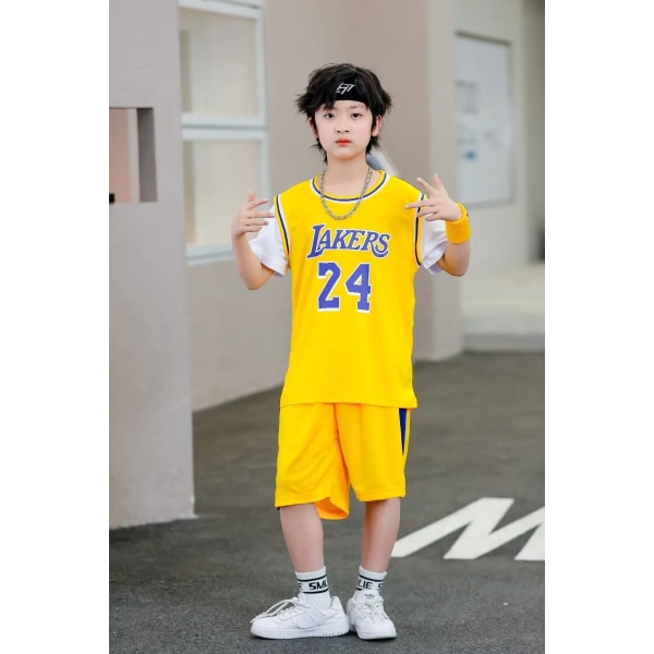 NYA 23/24 pojkar och flickor Baskettröjor Falska tvådelade barnuniform kit grundskoleträning Lakers 24 Yellow (3-4Y)-kids-16