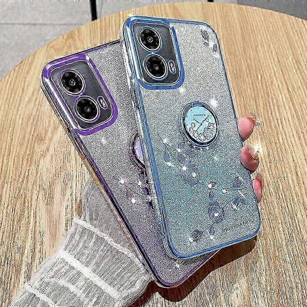 Gradient Glitter Floral Ring Phone Case with Stand Function Universal Fit (Blue, For Motorola Moto G34)