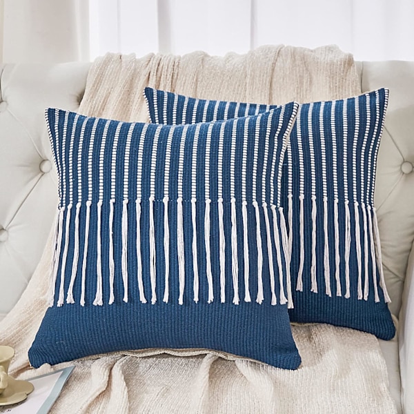 Boho tofsprydda kuddfodral i set om 2, chic dekorativt bomullskuddfodral med fransar, blå vävda kuddfodral för sängsoffa inredning 18 x 18 tum
