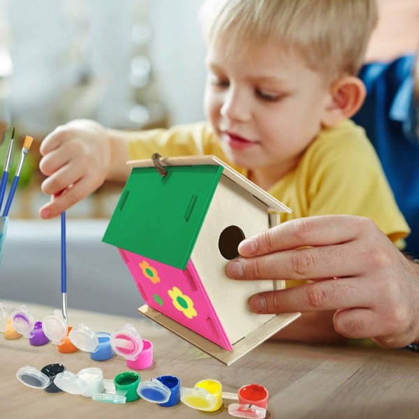 Hantverk för barn i åldrarna 4-8 - Paketet för självhushåll för fågelhus - Bygg och måla fågelhus (inkluderar färger och penslar) - A