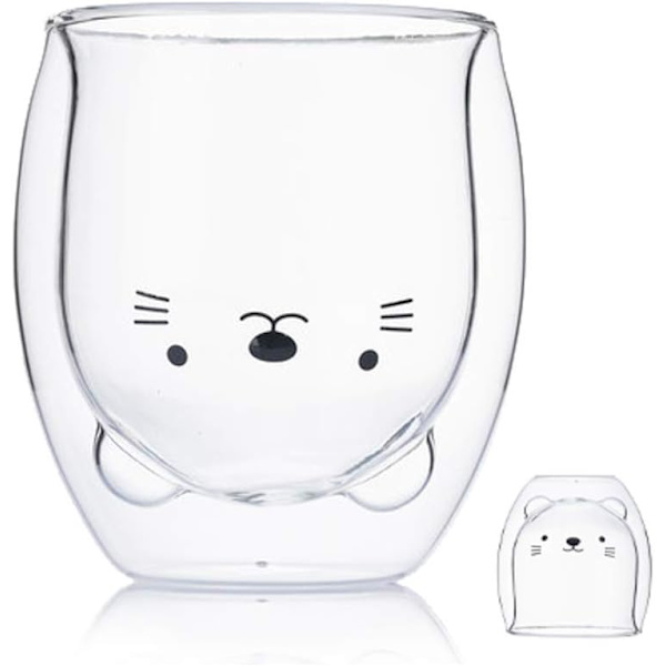 Kattekrus Søde Krus Glas Dobbelt Væg Isoleret Glas Espresso Kop, Kawaii Kop, Bedste Gave til Kontor og Personlig Fødselsdag Jul (Kat)