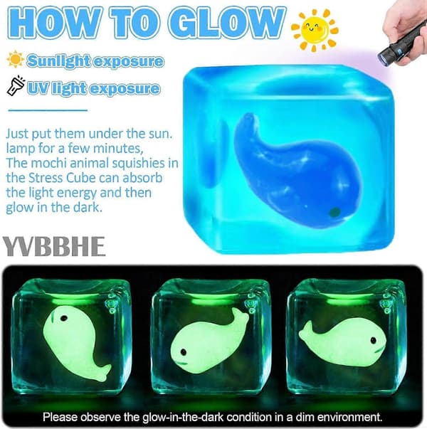 Squishy Stress Cube Fidget Legetøj Voksne - Glød i Mørke Blæksprutte Sensorisk Legetøj til Børn med Autisme Stressbolde til Børn Klemmelegetøj mod Angst Sto E