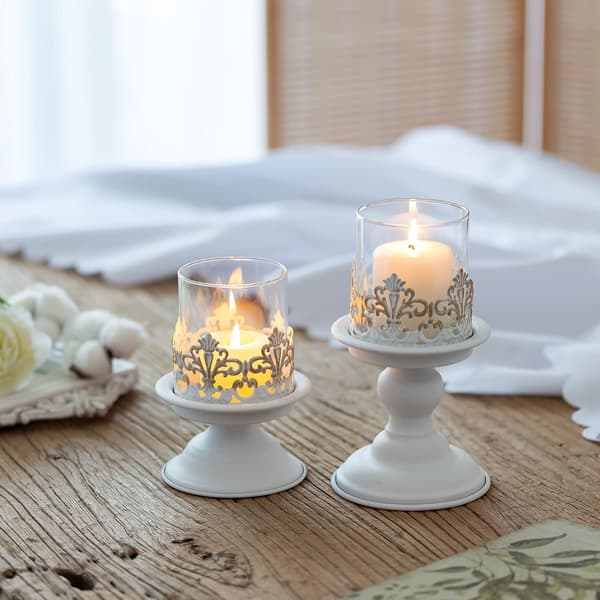 White Candlestick for Pillar Candles - Antique Treated Candlestick Metal Hurricane Candlesticks