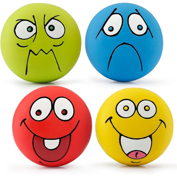 4 stk. 2,8\" Smiley Face Squeaky Dog Toys Soft Dog Balls Latex Rubber Squeak Dog Toys til små og mellemstore hvalpe kæledyrshunde (Emoji)
