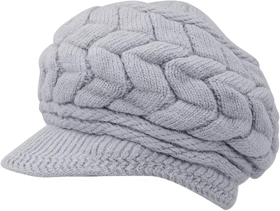 Dam vinterstickad mössa med skärm svart vit grå, elegant mössa med varmt fleecefoder gray