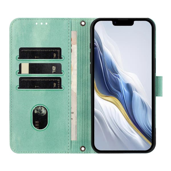 Wallet Case for iPhone 16e with Stand, Retro Texture, Leather Case with Lanyard (Mint Green)