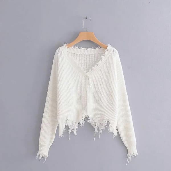 Dam V-ringad Lösstickad Tröja Långärmad Riven Jumper Pullover Crop Top Tröjor Vit