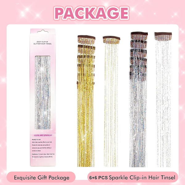 Clip in Hair Tinsel, 12 st Glitter Fairy Tinsel Hair Extensions 20 tum glänsande Hair Tinsel värmetålig, glittrande trådar (Silver Gold)