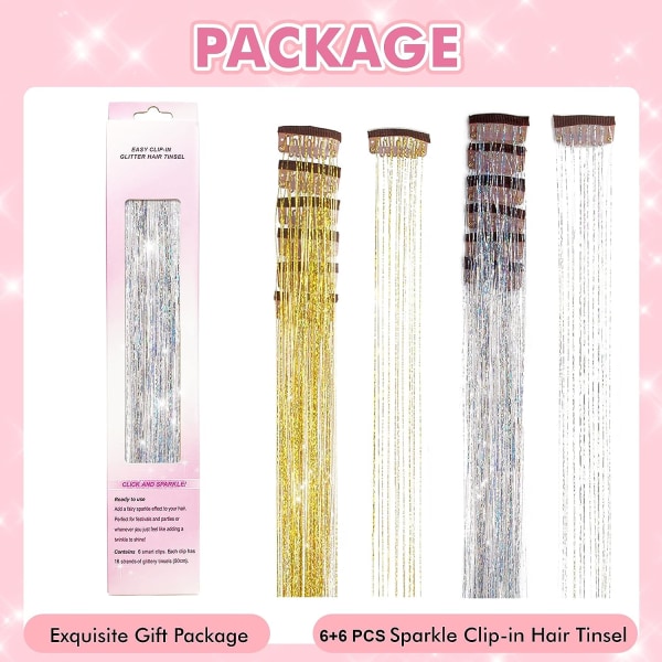 Clip in Hair Tinsel, 12st Glitter Fairy Tinsel Hair Extensions 20 Inch Shiny Hair Tinsel Värmebeständigt, gnistrande trådar (silverguld)