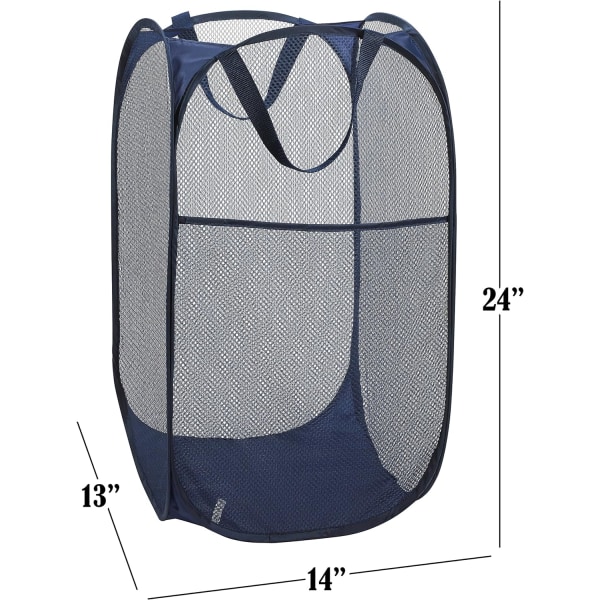 Hopfällbar nät tvättkorg med bred öppning och sidoficka – Andningsbar, robust, hopfällbar, platsbesparande design (Blå | 2-pack)
