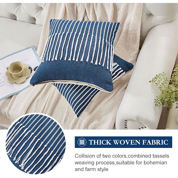 Boho tofsprydda kuddfodral i set om 2, chic dekorativt bomullskuddfodral med fransar, blå vävda kuddfodral för sängsoffa inredning 18 x 18 tum