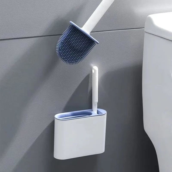 2 st toalettborste och set, väggmonterad toalettpinne, halkfri, långskaftad mjuk silikonborst, lätt att rengöra toaletthörn (blå)