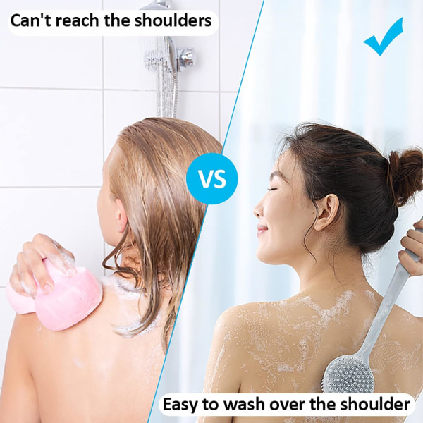 Silikon ryggskrubber med långt handtag för duschbad, halkfri handhållen duschkroppsborste dubbelsidig med mjuka borst