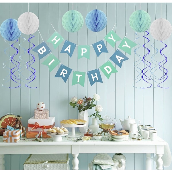 Heyone Blue Grattis på födelsedagen Banner Honeycomb bollar Swirls Streamers för födelsedagsfestdekorationer