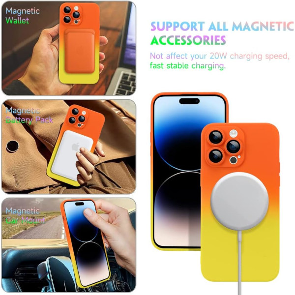 Magnetisk etui til iPhone 14 Pro Max med kameralinsebeskytter, [Kompatibel med Magsafe] Luksus gradientfarve cover mat (orange og gul)