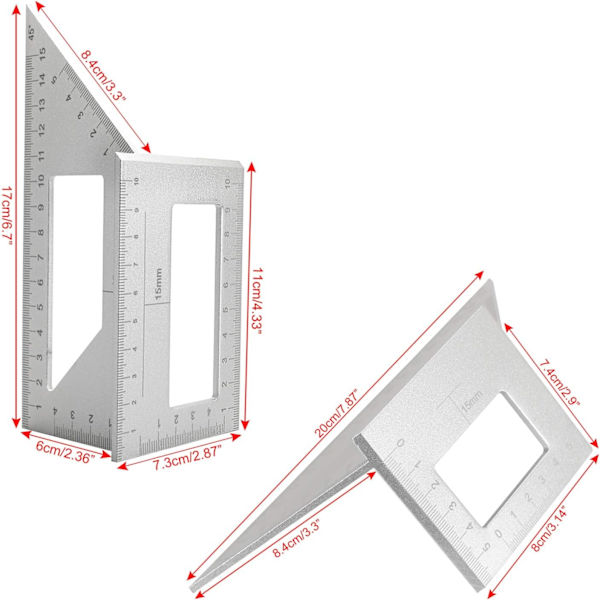 2 Sadel Layout Vinkelmåler til Træbearbejdning, 45/45 Grader - 90/45 Grader Vinkel Layout Gehrungsvinkel Målevinkel T Lineal, Aluminiumlegering  (Sølv)