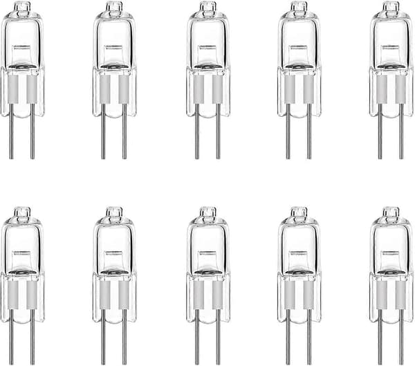 Förpackning med 10 halogenlampor G4 10W 12V Techgomade halogenstiftlampa, varmvit 3000K