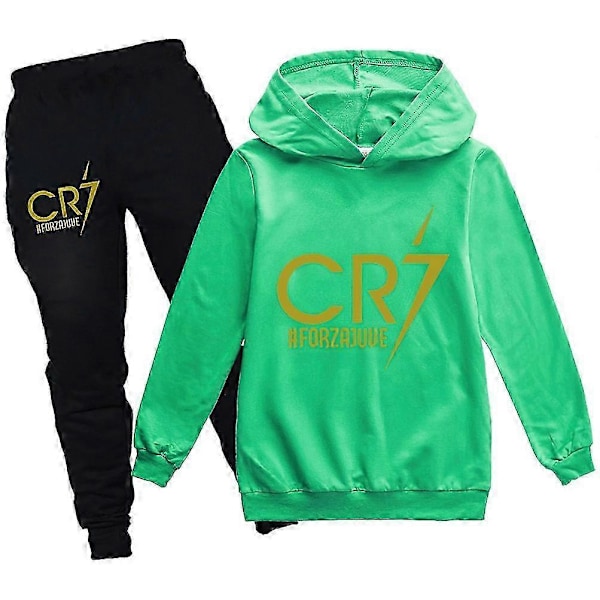 2 st Cristiano Ronaldo Hoodie VM Nr.7 Julklappar Fotbollsstjärna Hoodie och Blå Byxset Flickor Pojkar Hooded Sweatshirt Pullover Toppar Barn T-shirt Green 11-12years