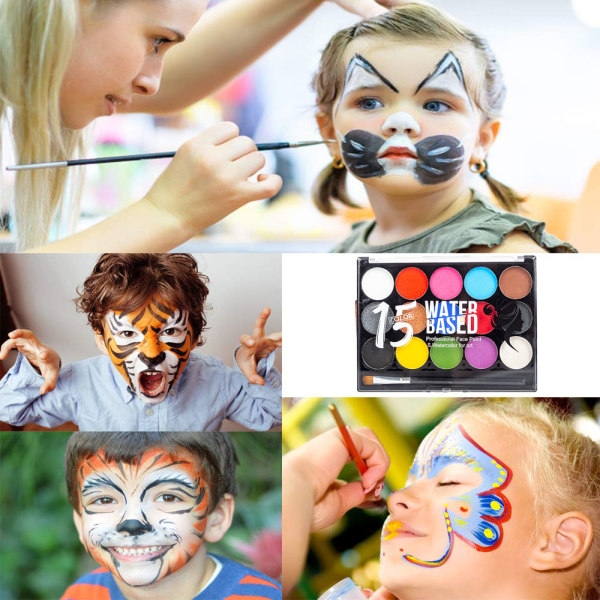 Sminkpalett för barn, set med 15 färger ansikts- och kroppsmålning med 1 pensel, lämplig för barn, fester, Halloween, cosplay