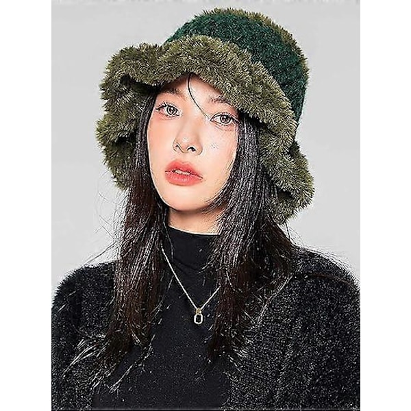 Vinter Faux Bøttehatt Ull Fluffy Plysj Bøttehatt Tykk Fuzzy Fiskerhatt Grønn One Size for de fleste