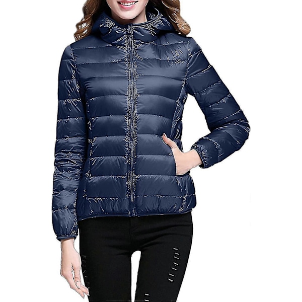 Lättvikts Dunjacka med Huva för Dam, Packbar Vadderad Jacka, Ultralätt Kort Dunjacka med Förvaringsväska från GuanGuan F-navy X-Large